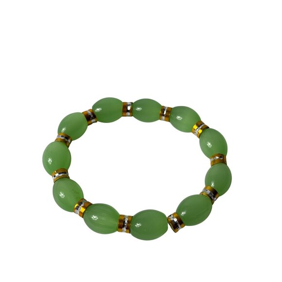 Green Glass Beaded Stretchy Bracelet With Goldtone Silvertone Accents - Picture 1 of 4